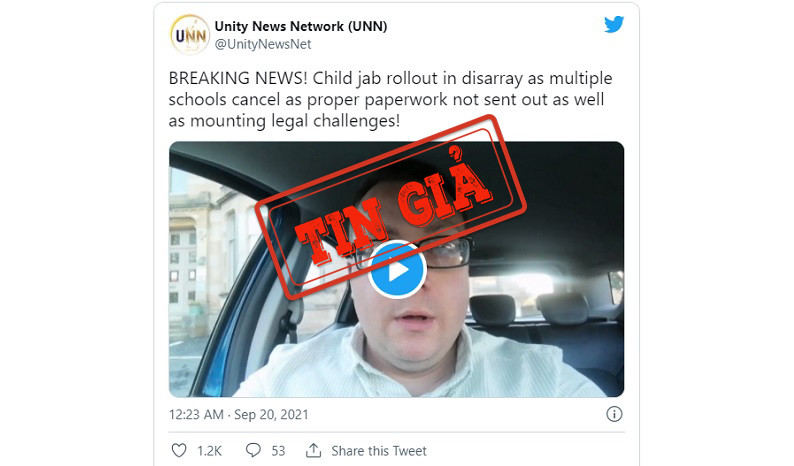 Đoạn video đăng tải thông tin sai sự thật về chiến dịch tiêm vaccine Covid-19 cho trẻ em 12-15 tuổi ở xứ Anh. (Ảnh chụp màn hình)