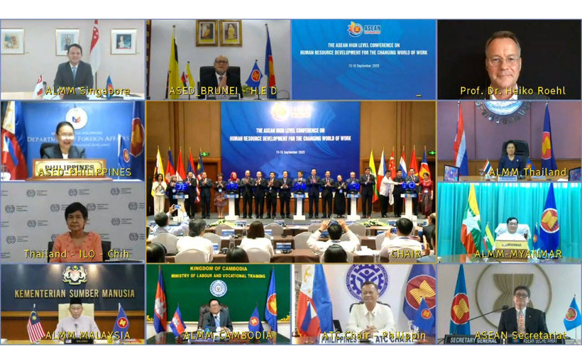 Hội nghị cấp Bộ trưởng Lao động và Giáo dục ASEAN về Phát triển nguồn nhân lực cho thế giới công việc đang đổi thay tổ chức trực tuyến kết hợp trực tiếp (Ảnh: Molisa). 