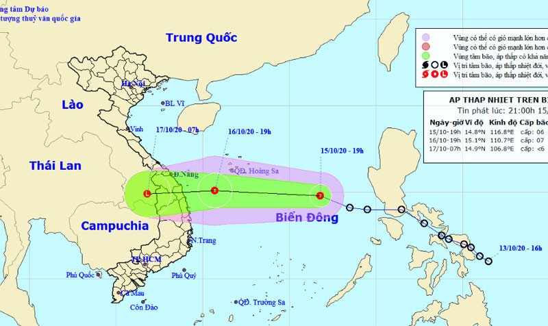 Vị trí và hướng di chuyển của áp thấp nhiệt đới. (Nguồn: kttv.gov.vn)