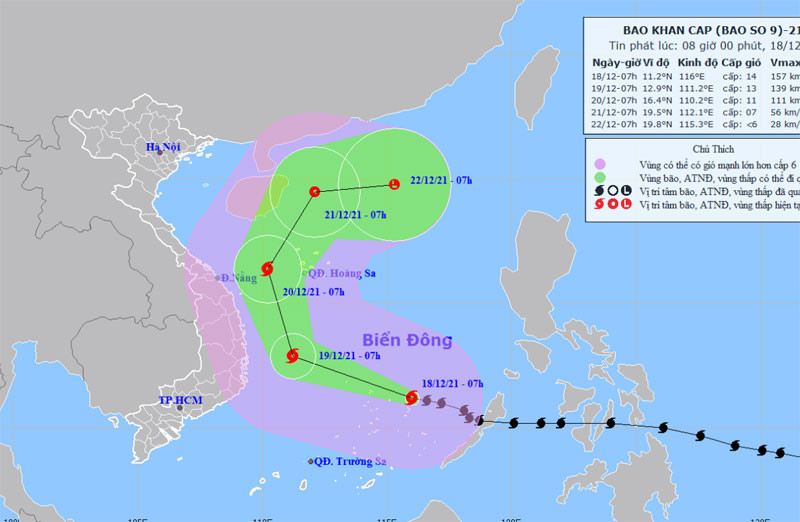Vị trí và hướng di chuyển của bão số 9 lúc 8 giờ ngày 18/12. (Nguồn: nchmf.gov.vn)
