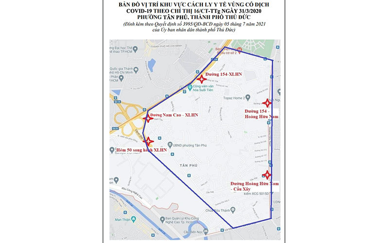 Khu vực cách ly y tế ở phường Tân Phú (phạm vi màu xanh đậm).