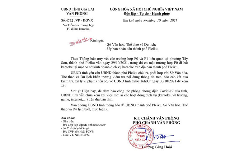 Công văn hỏa tốc của Ủy ban nhân dân tỉnh Gia Lai yêu cầu kiểm tra vụ việc. 