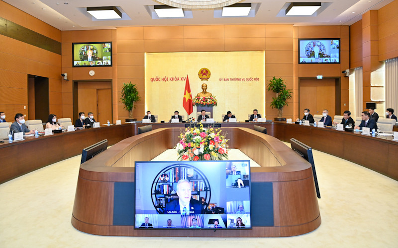 Quang cảnh Hội nghị trực tuyến với Đoàn doanh nghiệp cấp cao của Hội đồng kinh doanh Hoa Kỳ - ASEAN. (Ảnh: Duy Linh)