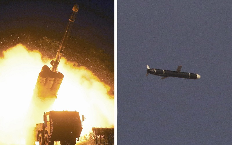 Hình ảnh do Hãng thông tấn KCNA phát ngày 13/9/2021 cho thấy 1 tên lửa đạn đạo tầm xa thế hệ mới rời bệ phóng (ảnh trái) và bay trên bầu trời (ảnh phải). (Ảnh: Yonhap/TTXVN)