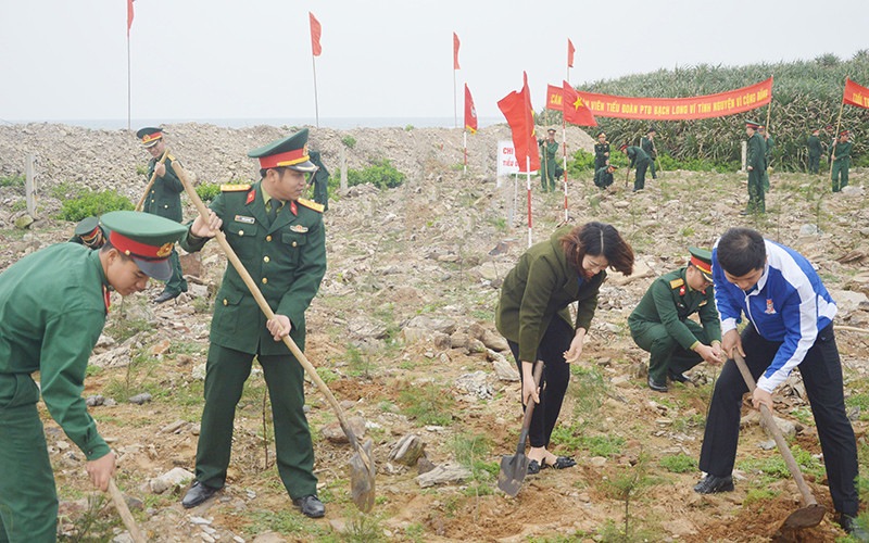 Cán bộ, chiến sĩ Tiểu đoàn đảo Bạch Long Vĩ phối hợp chính quyền và nhân dân trên đảo thực hiện công trình "Vì màu xanh đảo tiền tiêu".