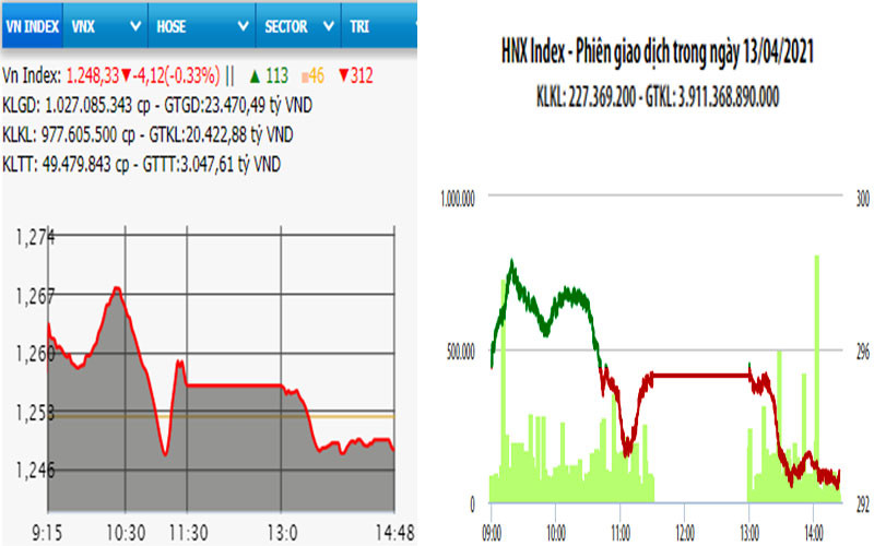 Diễn biến VN-Index và HNX-Index, phiên giao dịch ngày 13-4.