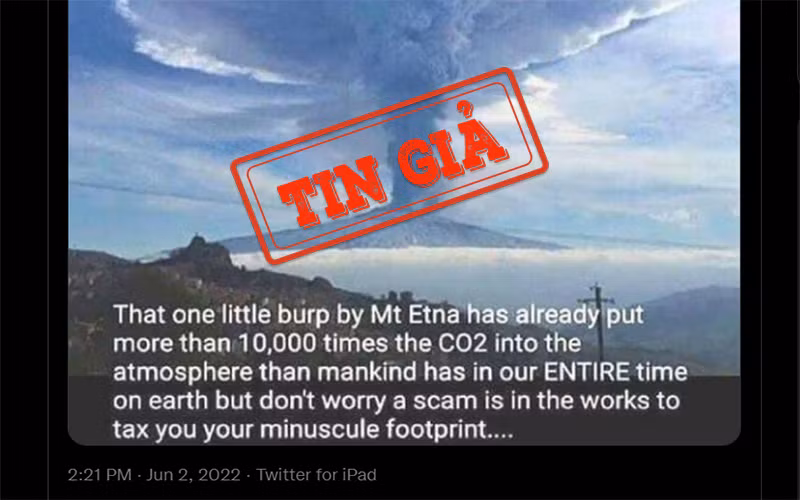 Một bài đăng trên Twitter đưa tin sai lệch về núi lửa Etna. (Ảnh chụp màn hình)