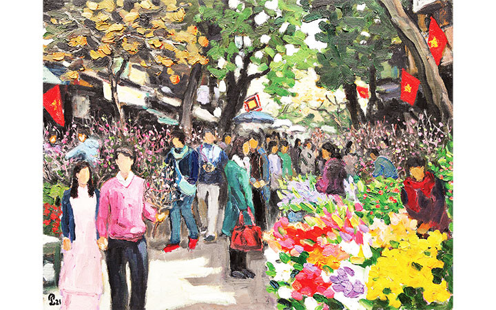 Chợ hoa Tết. Tranh: PHẠM LUẬN