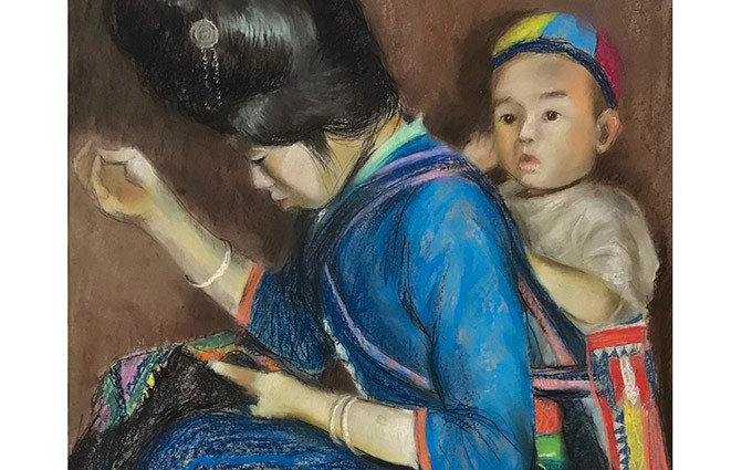 Tác phẩm Mẹ con trên chất liệu phấn màu của họa sĩ Nguyễn Thanh Bình