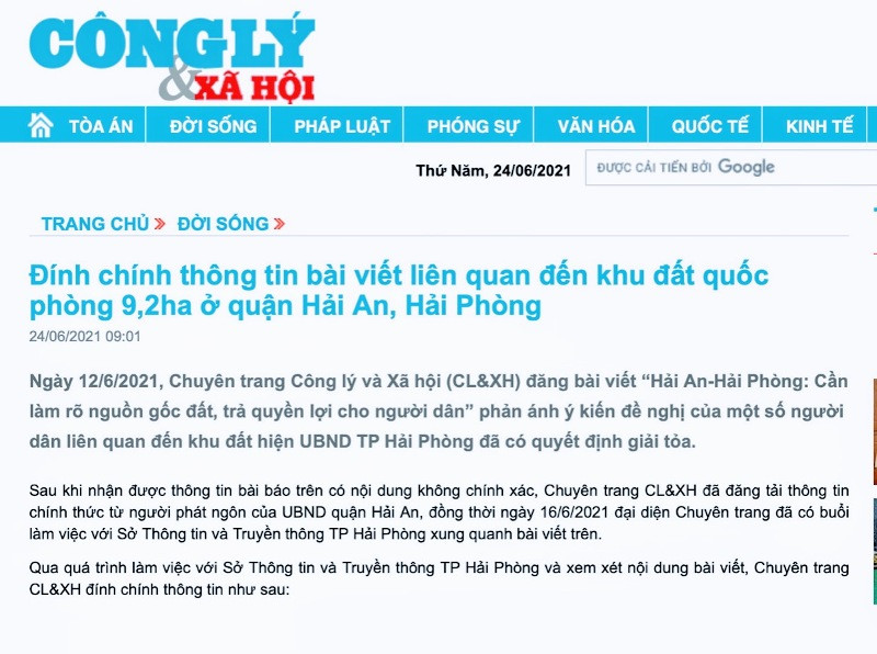 Bài viết đính chính của Báo Công lý.