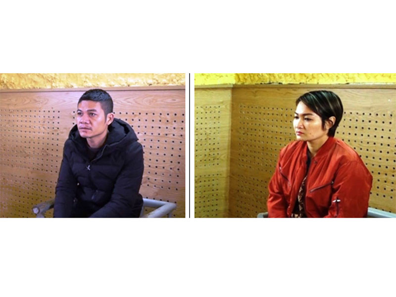 Hai đối tượng Khuất Đình Diễn, Đặng Thị Thu Trang tại cơ quan điều tra.