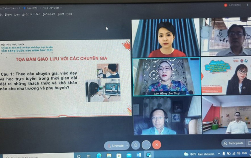 Các đại biểu tham gia hội thảo trực tuyến “Chuẩn bị tâm thế cho trẻ học trực tuyến sẵn sàng bước vào năm học mới”. (Ảnh chụp qua màn hình)