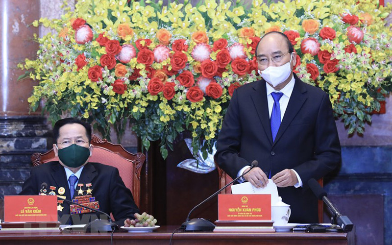 Chủ tịch nước Nguyễn Xuân Phúc phát biểu tại buổi gặp. (Ảnh: Lâm Khánh/TTXVN)