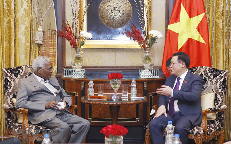 Chủ tịch Quốc hội Vương Đình Huệ tiếp Tổng Bí thư Đảng Cộng sản Ấn Độ D. Raja. (Ảnh: Doãn Tấn/TTXVN)
