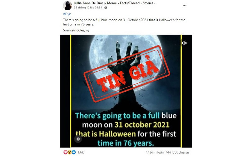 Ảnh chụp màn hình bài đăng đưa thông tin sai sự thật trên mạng xã hội Facebook.