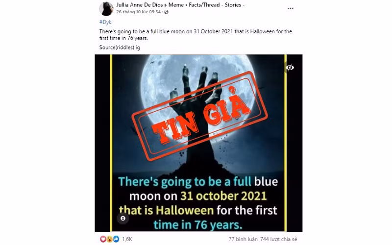 Ảnh chụp màn hình bài đăng đưa thông tin sai sự thật trên mạng xã hội Facebook.