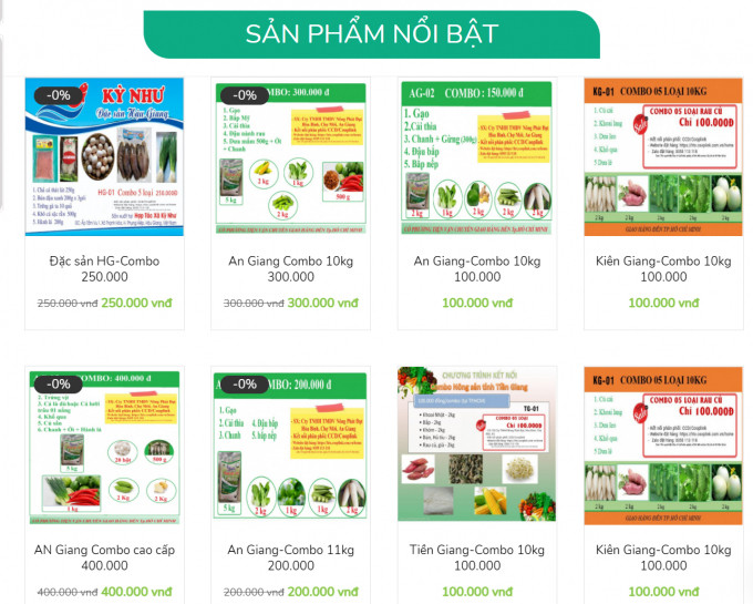 Giao diện trang web đặt mua các túi Combo nông sản.