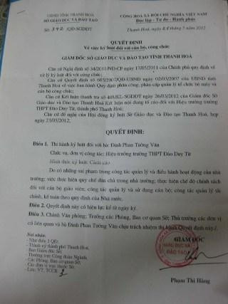 Quyết định kỷ luật Hiệu trưởng trường THPT Đào Duy Từ