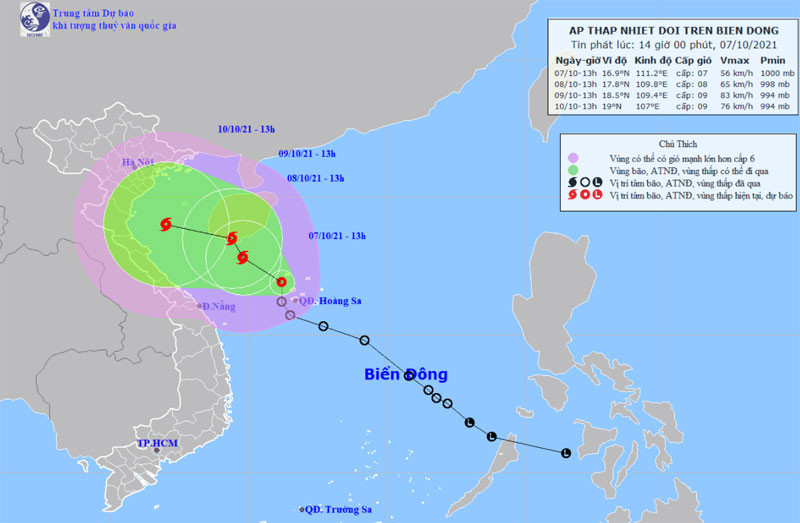 Vị trí và hướng di chuyển của áp thấp nhiệt đới. (Nguồn: nchmf.gov.vn)