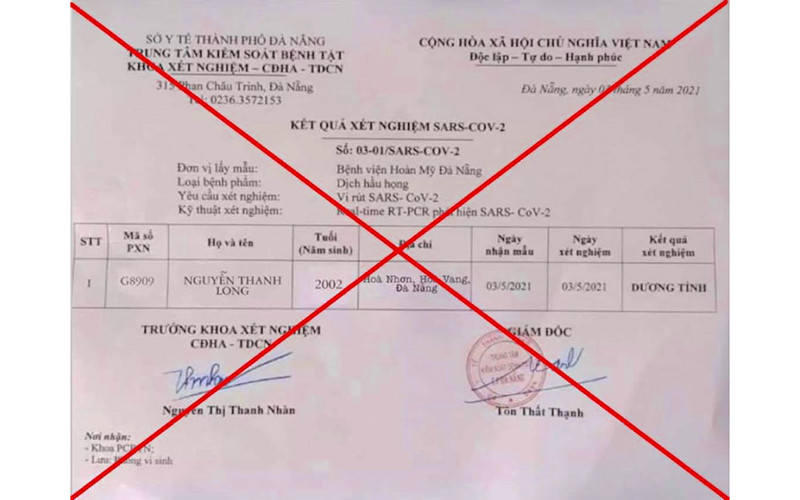 Giấy kết quả xét nghiệm giả được đăng tải lên mạng xã hội.