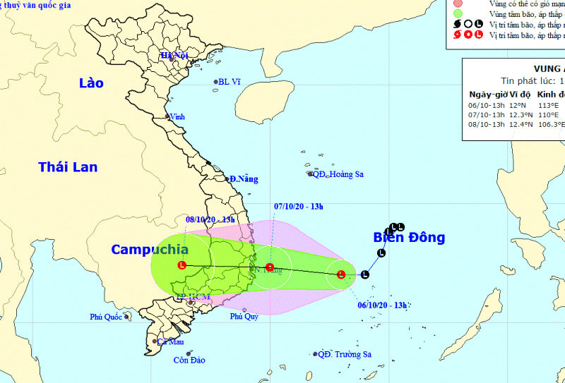 Vị trí và hướng di chuyển của vùng áp thấp. (Nguồn: kttv.gov.vn)