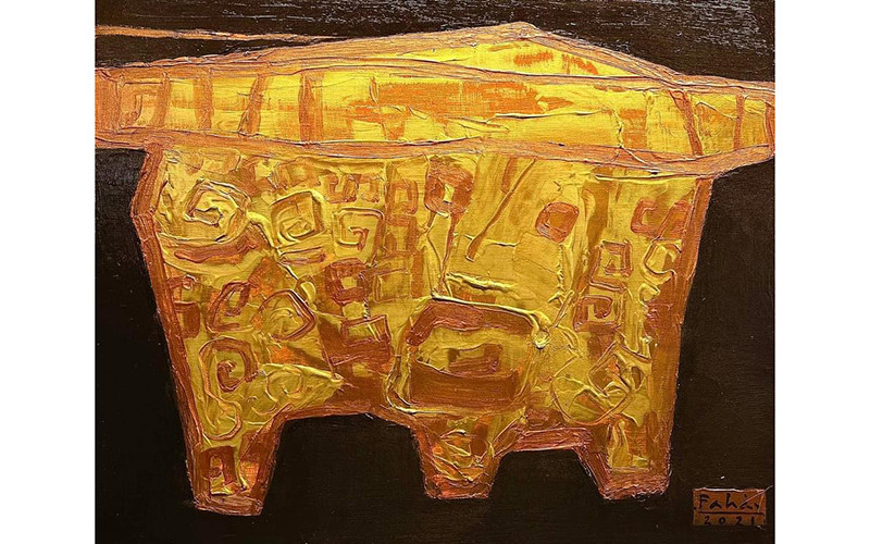 Tân Sửu vàng - Golden Buffalo, 2021; Acrylic, gold, copper on canvas, 40cmx50cm - Tranh của họa sĩ Phạm An Hải