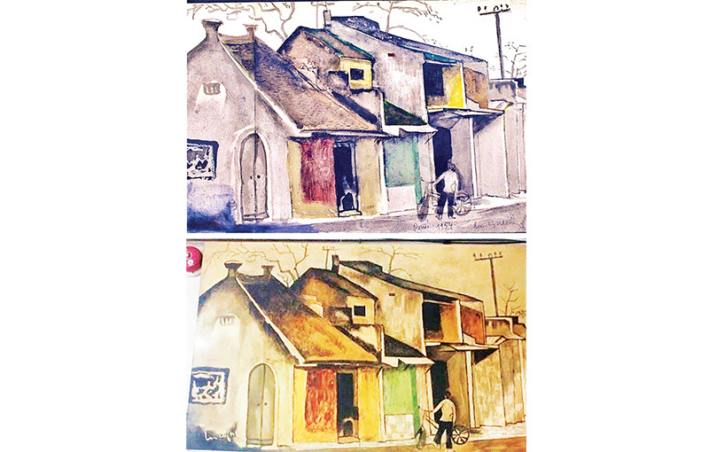 Cặp tranh thật (trên) - giả: Bức mầu nước của họa sĩ Lưu Công Nhân vẽ năm 1954, hiện do gia đình anh Lưu Anh Tuấn, con trai út của ông sở hữu, và bức tranh được làm giả, bằng chất liệu sơn mài, do một người mua tranh gửi đến hỏi ý kiến anh Tuấn (ảnh do anh Lưu Anh Tuấn cung cấp).