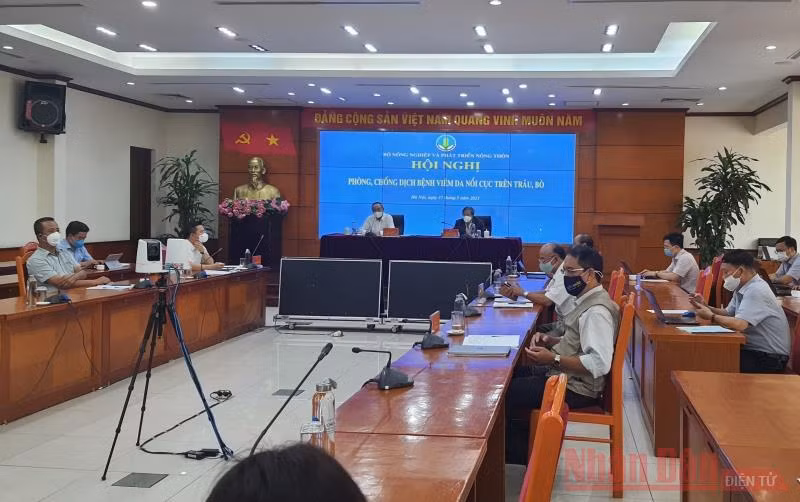 Toàn cảnh Hội nghị trực tuyến phòng chống bệnh viêm da nổi cục trên trâu bò tại điểm cầu Hà Nội.