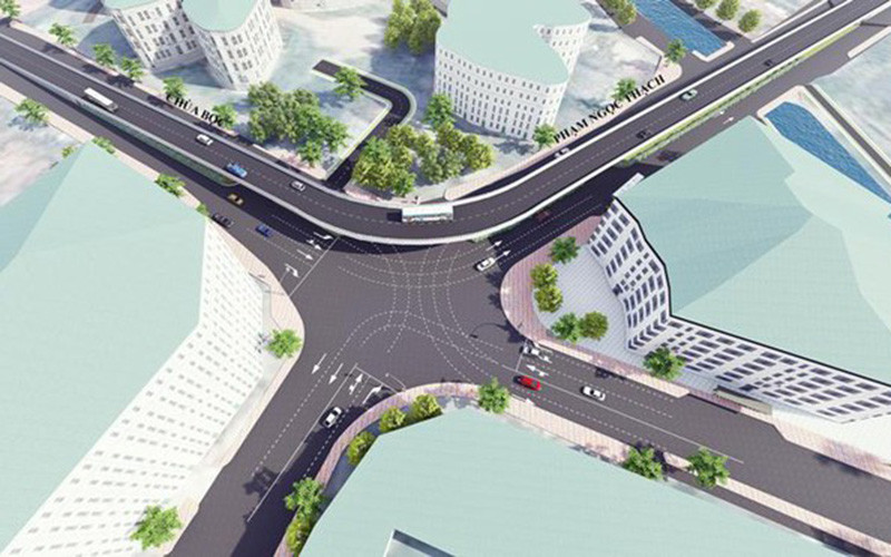 Phối cảnh cầu vượt chữ C tại nút giao Chùa Bộc - Phạm Ngọc Thạch.