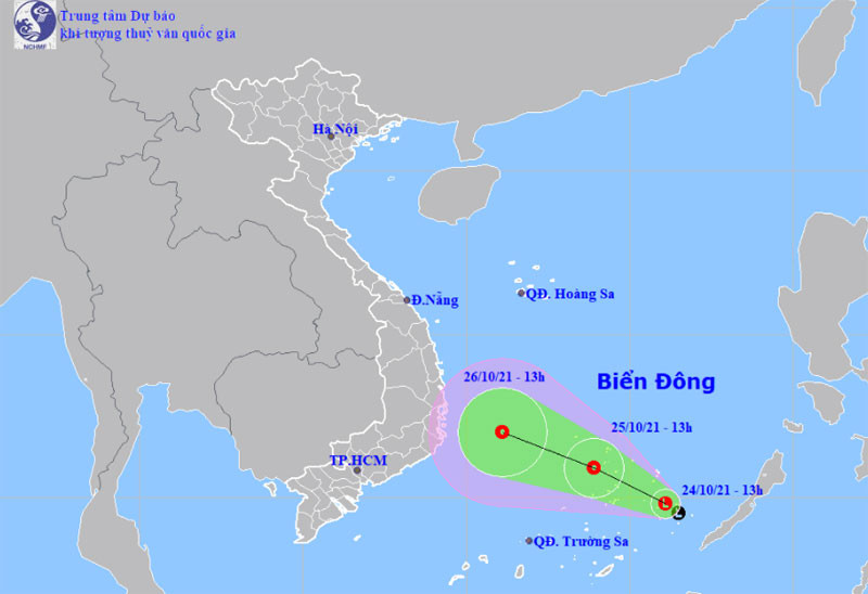 Vị trí và hướng di chuyển của vùng áp thấp trên Biển Đông. (Nguồn: nchmf.gov.vn)