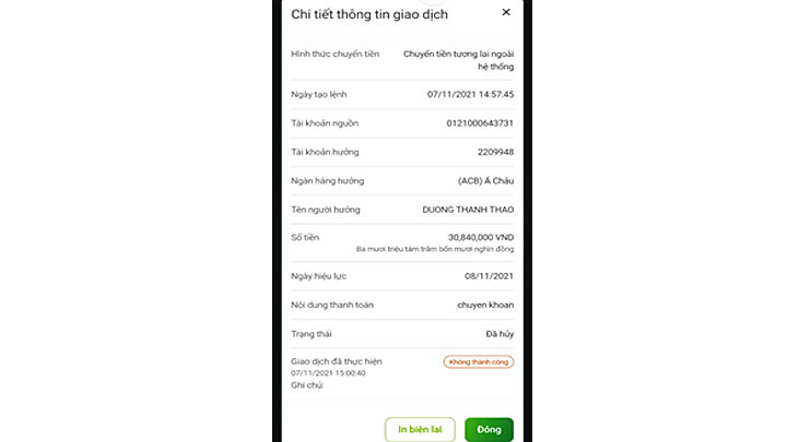 Thông báo giao dịch chuyển khoản đã thành công nhưng người nhận không nhận được tiền. Ảnh: Cơ quan công an cung cấp