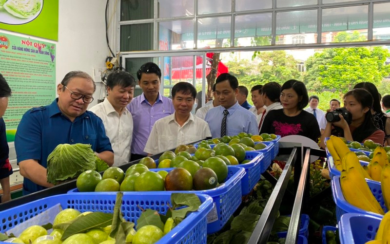 Đồng chí Thào Xuân Sùng (áo xanh, ngoài cùng bên trái) tham quan cửa hàng nông sản sạch tại xã Sủ Ngòi (TP Hòa Bình, tỉnh Hòa Bình).
