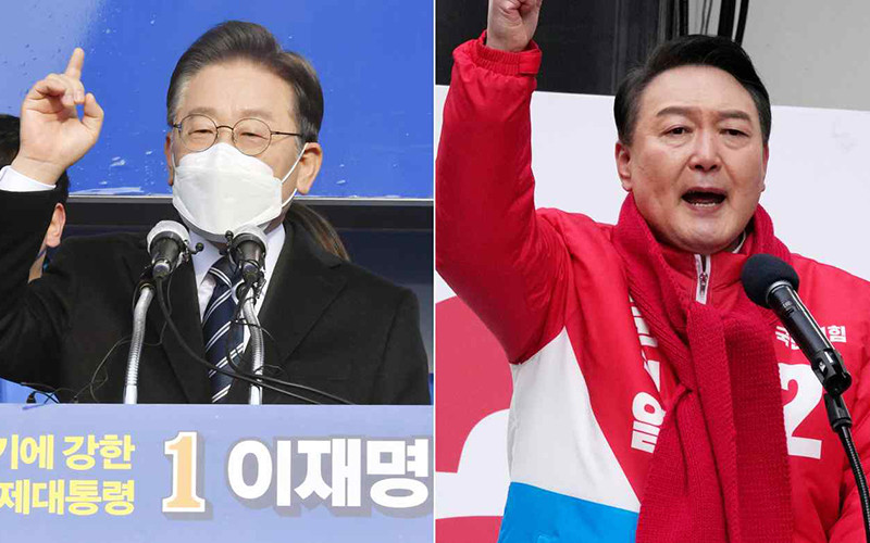 Hai ứng cử viên chính trong cuộc tranh cử tổng thống Hàn Quốc: ông Lee Jae-myung của Đảng Dân chủ cầm quyền (trái) và ông Yoon Suk-yeol của của đảng đối lập chính Sức mạnh quốc dân. (Nguồn: asia.nikkei.com/TTXVN)