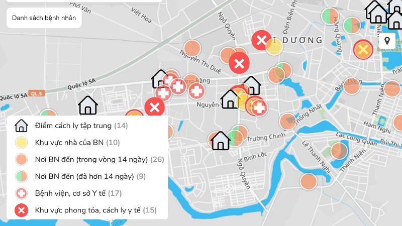 Thông tin dịch tễ về Covid-19 ở Hải Dương được thể hiện trên bản đồ.