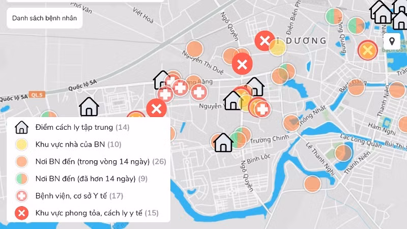Thông tin dịch tễ về Covid-19 ở Hải Dương được thể hiện trên bản đồ.
