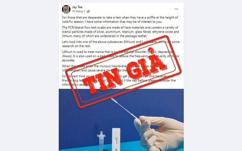 Ảnh chụp màn hình bài đăng trên mạng xã hội Facebook đưa tin sai sự thật về tăm bông lấy mẫu xét nghiệm Covid-19.