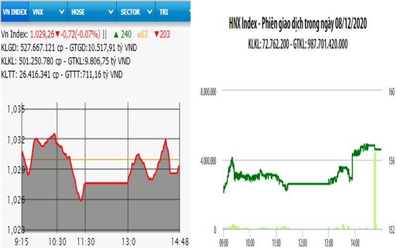 Diễn biến VN-Index và HNX-Index, phiên giao dịch ngày 8-12. 
