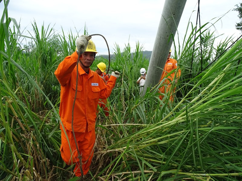 Công nhân xí nghiệp dịch vụ Điện lực Phú Yên đang thi công dựng lại cột điện bị ngã đổ tại xã An Mỹ, huyện Tuy An, Phú Yên (Ảnh: Trình Kế)
