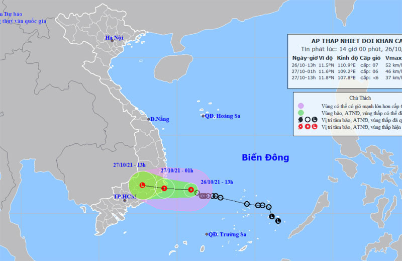 Vị trí và hướng di chuyển của áp thấp nhiệt đới. (Nguồn: nchmf.gov.vn)