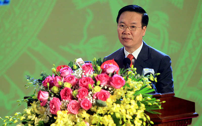 Đồng chí Võ Văn Thưởng, Ủy viên Bộ Chính trị, Thường trực Ban Bí thư, phát biểu tại Lễ kỷ niệm. (Ảnh: ANH TÚ) 