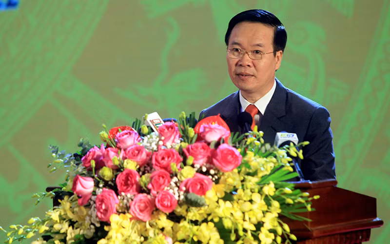 Đồng chí Võ Văn Thưởng, Ủy viên Bộ Chính trị, Thường trực Ban Bí thư, phát biểu tại Lễ kỷ niệm. (Ảnh: ANH TÚ) 