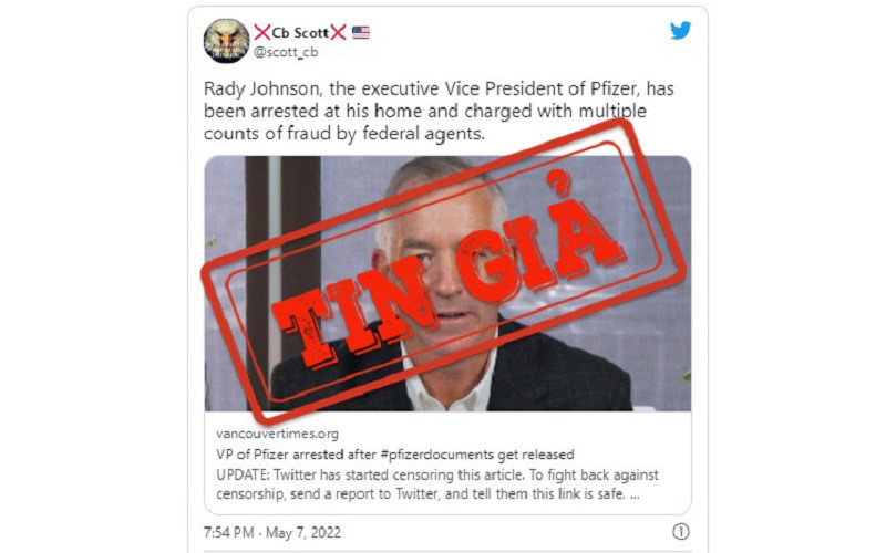 Một bài đăng trên Twitter đưa tin sai lệch về Phó Chủ tịch Pfizer. (Ảnh chụp màn hình)