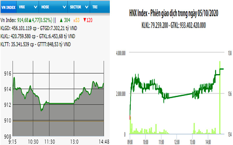 Diễn biến VN-Index và HNX-Index, phiên giao dịch ngày 5-10. 