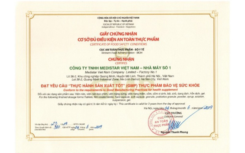Chứng nhận đạt chuẩn GMP của Medistar.