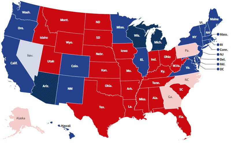 Ông Biden giành chiến thắng ở bang có màu xanh đậm, ông Trump giành chiến thắng ở bang có màu đỏ đậm. (Nguồn: Guardian)