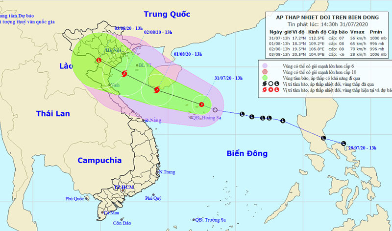 Vị trí và hướng di chuyển của áp thấp nhiệt đới. (Nguồn: nchmf.gov.vn)