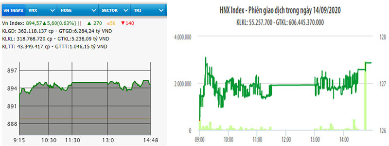 Diễn biến VN-Index và HNX-Index phiên giao dịch ngày 14-9.