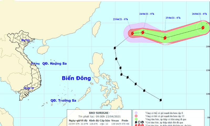Vị trí và hướng di chuyển của bão Surigae. (Nguồn: nchmf.gov.vn)