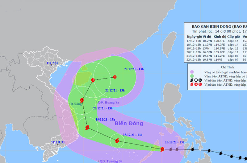 Vị trí và hướng di chuyển của bão Rai lúc 14 giờ ngày 17/12. (Nguồn: nchmf.gov.vn)