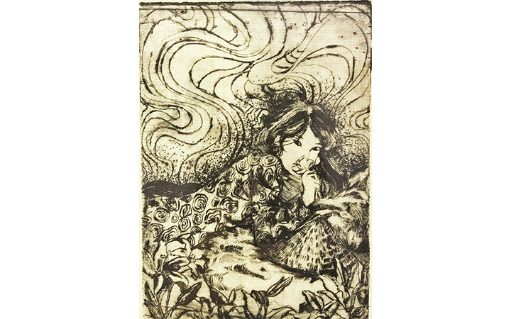 Ngả nghiêng. Khắc kẽm của Trịnh Minh Ngọc (Triển lãm Hồi Hải Mã của học sinh Trung tâm tư vấn và phát triển tài năng Vinschool, tháng 4 - 2021, Hà Nội).